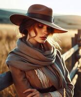 AI generated Woman with prairie hat and scarf, leaning on fence, exudes serenity photo