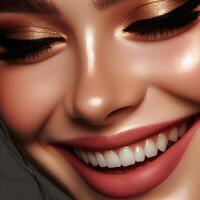 AI generated Close up shot of a young woman laughing, wearing matte lipstick and gold eyeshadow photo