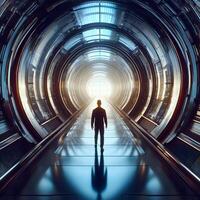 AI generated A man in a futuristic tunnel explores a 3D-rendered futuristic interior photo