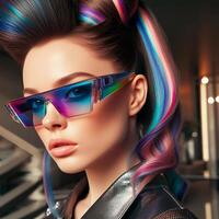 ai generado un maravilloso Moda modelo se pone vibrante Gafas de sol y un futurista peinado en un interior ajuste foto