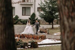 Portrait. The bride and groom walk and pose while holding hands. A long train on the dress. Winter wedding photo