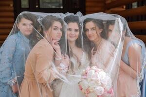 Group portrait of the bride and bridesmaids. A bride in a wedding dress and bridesmaids in beautiful dresses hold the bride's bouquet on the wedding day. photo