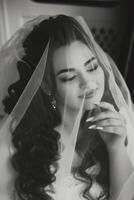 A beautiful brunette bride with a tiara in her hair is getting ready for the wedding in a beautiful robe in boudoir style. Close-up wedding portrait, photo. photo