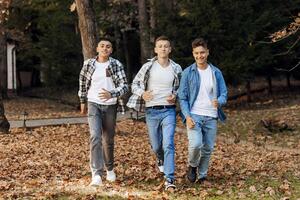 Tres Adolescente Niños, posando en naturaleza, alegría, corriendo y teniendo divertida. Adolescente compañeros de clase son descansando en contra el antecedentes de un otoño bosque. foto