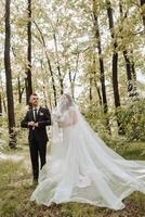 Wedding. Love and couple in garden for wedding. Celebrating the ceremony and commitment. Save the date. Trust. The groom is standing next to the bride. The bride under the veil. First meeting photo