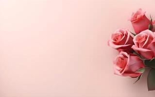 AI generated Beautiful bouquet of pink roses on color background, top view photo