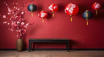 AI generated Chinese new year decoration with red wall and wooden table. photo