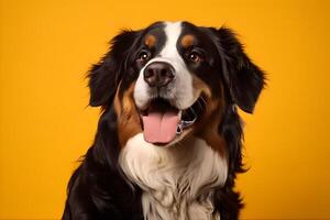 ai generado de cerca retrato de un bernés montaña perro en un amarillo antecedentes. foto