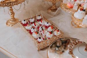 almendra galletas y varios dulce pasteles para un Boda banquete. un delicioso recepción, un lujoso ceremonia. mesa con dulces y postres delicioso vistoso francés postres en un plato o mesa. foto