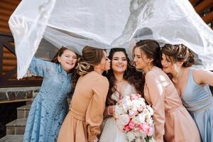 grupo retrato de el novia y damas de honor un novia en un Boda vestir y damas de honor en hermosa vestidos sostener el de la novia ramo de flores en el Boda día. foto