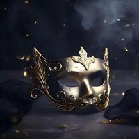 ai generado elegante dorado carnaval máscara en oscuro azul antecedentes con Bokeh. foto