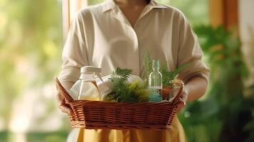 ai generado mujer participación cesta con ecológico limpieza productos, Copiar espacio. foto