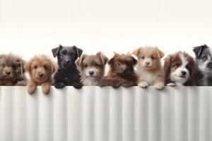 AI generated cute little puppies in a row on white background, studio shot. photo