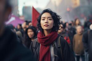 ai generado un mujer es de marcha en protesta con un grupo de gente. foto