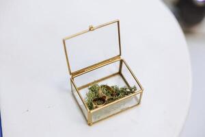 oro Boda anillos en verde bosque musgo en un vaso caja. el concepto de evento agencias para el ceremonia de el novia y novio. foto