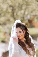 Curly brunette bride poses wrapped in a veil against the background of mountains and wooden houses. Magnificent dress with long sleeves, open bust. Summer wedding photo