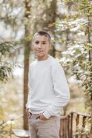 de cerca vertical retrato de un adolescente en un blanco suéter y marrón pantalones. contento sonriente adolescente en verano parque en luz de sol. un hermosa niño es mirando a el cámara en el claro. foto