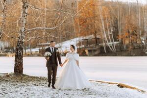 The bride and groom are walking in the winter garden. Winter photo session in nature.