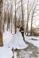 invierno boda. un contento Pareja en Boda ropa son abrazando y sonriente en un invierno parque cubierto con nieve en su Boda día. invierno amor historia de un hermosa Pareja en Nevado invierno clima foto