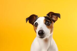 AI generated Jack russell terrier dog with funny expression on yellow background, banner. photo