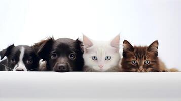 AI generated Cute kittens and puppies in front of white background. photo