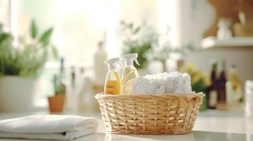 AI generated A basket with cleaning products on a light kitchen background. photo