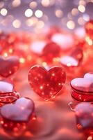 AI generated Valentines day background. Red hearts on bokeh background. photo