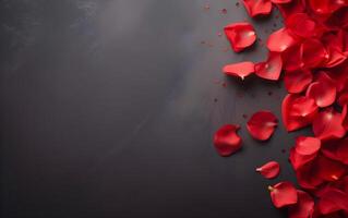 AI generated Red rose petals on black background. Valentines day background. photo