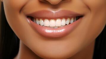 AI generated Beautiful young woman with healthy teeth, closeup. Dentistry concept photo