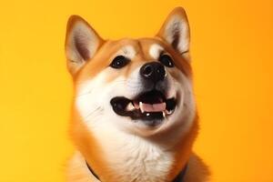 ai generado shiba inu perro en amarillo fondo, de cerca retrato. foto