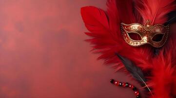 AI generated Red carnival mask and feathers on red background. photo