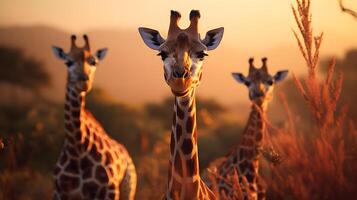 AI generated giraffes standing around in the wild. photo