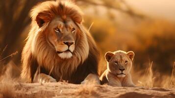 AI generated Lion and lioness in the wild. Lion family. photo