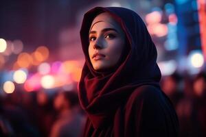 ai generado retrato de hermosa musulmán mujer en hijab en noche ciudad calle. foto