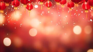 AI generated Chinese new year lanterns on bokeh background with copy space. photo