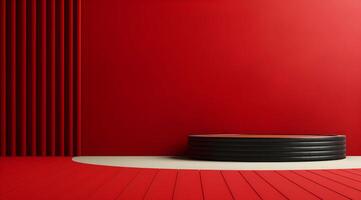 AI generated Red podium on a red background. Platform for product presentation. photo