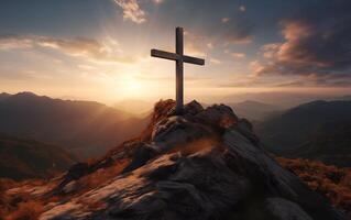 AI generated Old cross on the top of the mountain with clouds on the background. photo