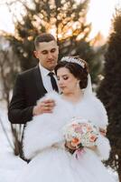 invierno boda. contento Pareja caminando en Boda ropa abrazando y sonriente en un invierno parque cubierto con nieve en su Boda día. invierno amor historia de un hermosa Pareja en Nevado invierno clima foto