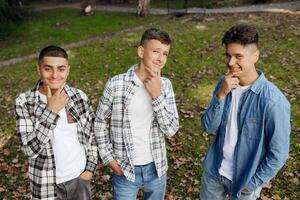 Tres Adolescente Niños, posando en naturaleza, alegría, corriendo y teniendo divertida. Adolescente compañeros de clase son descansando en contra el antecedentes de un otoño bosque. foto