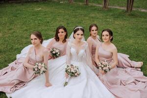 Group portrait of the bride and bridesmaids. Bride in a wedding dress and bridesmaids in pink or powder dresses and holding stylish bouquets on the wedding day. photo