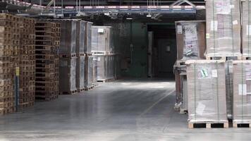Warehouse with racks and shelves, filled with cardboard boxes, wrapped in foil on wooden pallets. Clip. Large and light warehouse, cargo storage in wooden boxes. Wooden pallets and cardboard boxes video