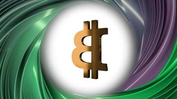 astratto animazione di bitcoin moneta cartello nel un' colorato Filatura vortice video