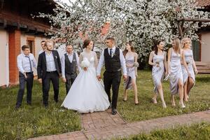 longitud total retrato de el recién casados y su amigos a el boda. el novia y novio con damas de honor y amigos de el novio son teniendo divertido y alegría a el boda. foto