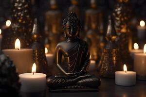 AI generated Meditation Buddha statue with candles and lotus. Neural network AI generated photo