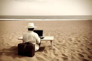 ai generado hombre trabajando con ordenador portátil en cubierta silla en playa. neural red ai generado foto