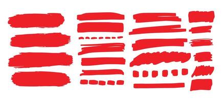 Red highlighter lines set isolated on white background. Marker pen highlight underline strokes vector