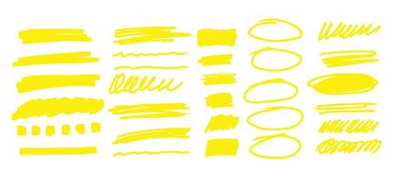 Yellow set highlighter elements. Underline element, color text mark vector