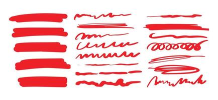 Hand-drawn shapes and lines - real highlighters. Red Vector set isolated on white background