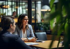 AI generated Smiling confident businesswoman leader in an office with team colleagues worker. Meeting in a boardroom. Using digital tablet and laptop during discussion. photo