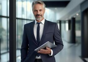 AI generated Happy confident businessman portrait holding laptop at the office photo